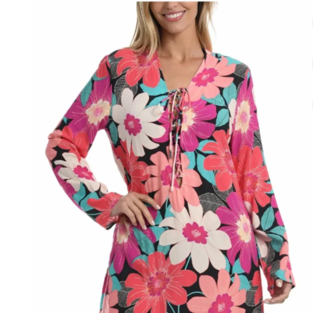 NWT La Blanca in full Bloom Lace-up Tunic Pockets Beach Cover All Size XS